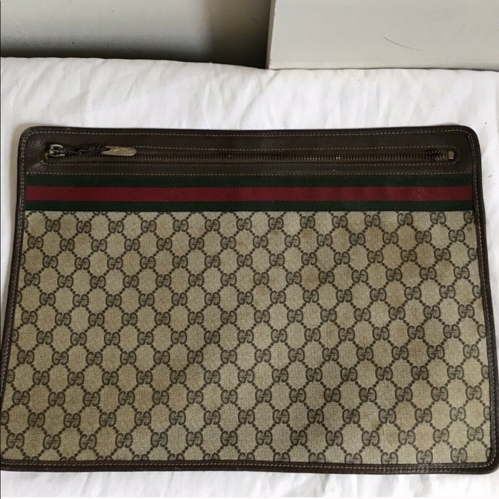 Gucci Vintage XLarge Monogram Logo Zip Clutch